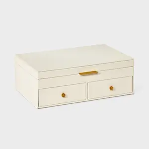 A New Day Two Drawer Jewelry Organizer Cream Fabric Rectangle with Multiple Compartments for Necklaces Earrings 7x4.05x11 Inches