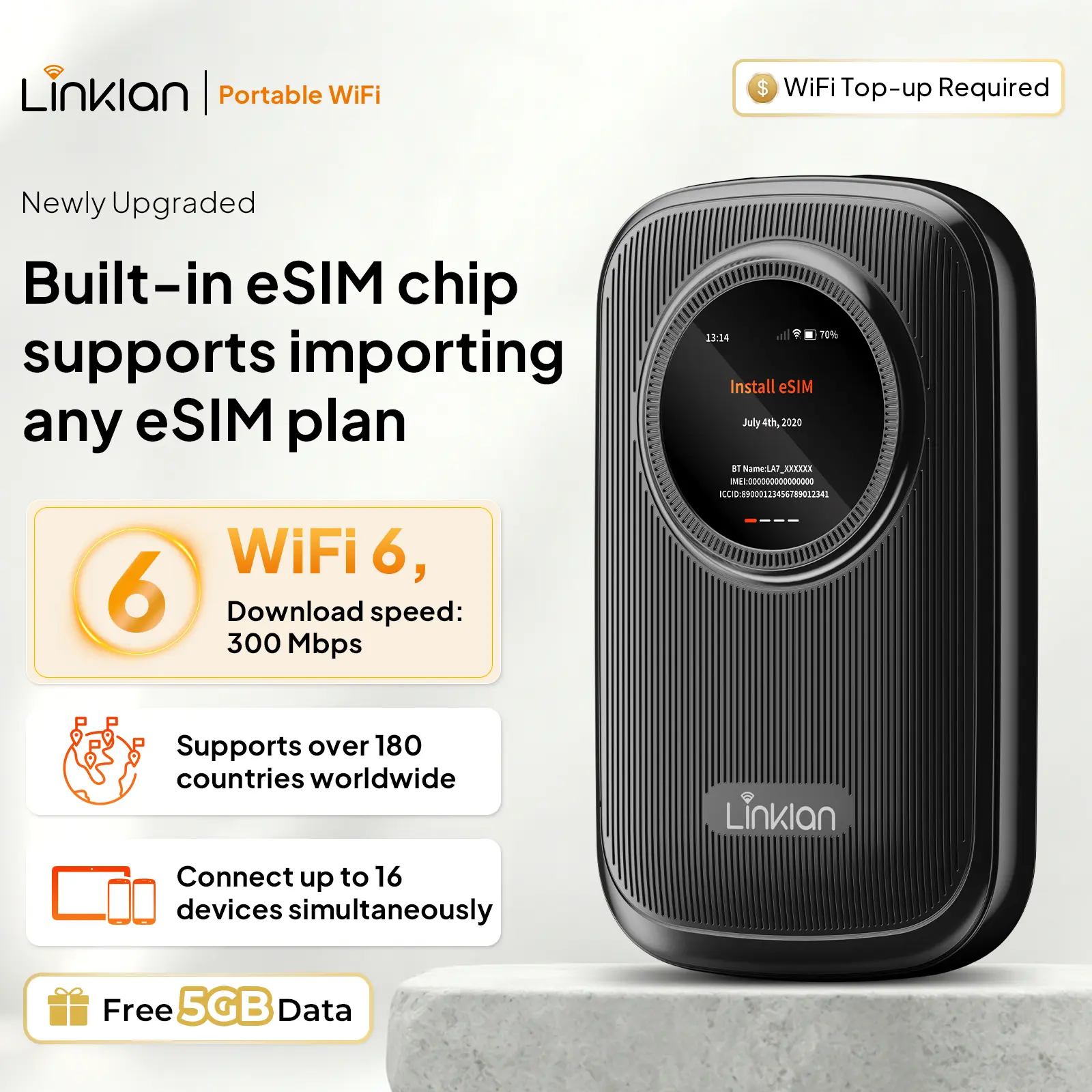 LINKLAN Global Portable eSIM WiFi Hotspot,Built-in eSIM chip，Dual-band , 300Mbps 4G LTE, LED Display No SIMCard/Contract Needed, 16Devices,180+ Countries, for Travel, Car, RV, & Outdoor[Free 5GB US Data]