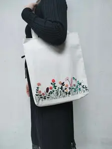 Hand Embroidered Floral Daisy Tote Bag Linen White Grocery Bag