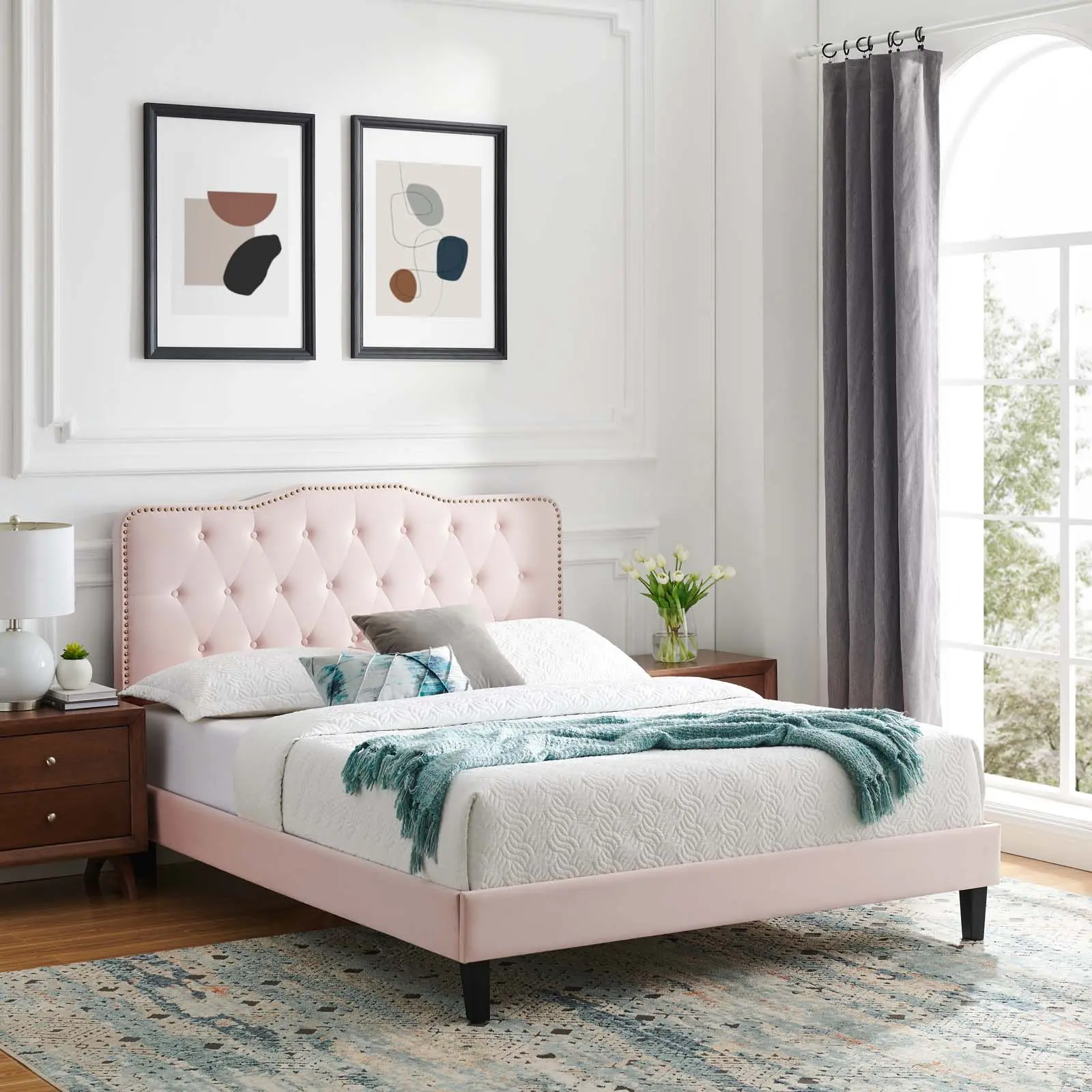Modway Amber Performance Velvet Queen Platform Bed in Pink