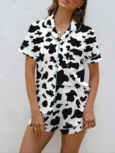 Women's Cow Print Pajama Set, Soft Shirt Collar Short Sleeve Top & Elastic Shorts, Casual Home Wear, All Season Comfortable Sleepwear