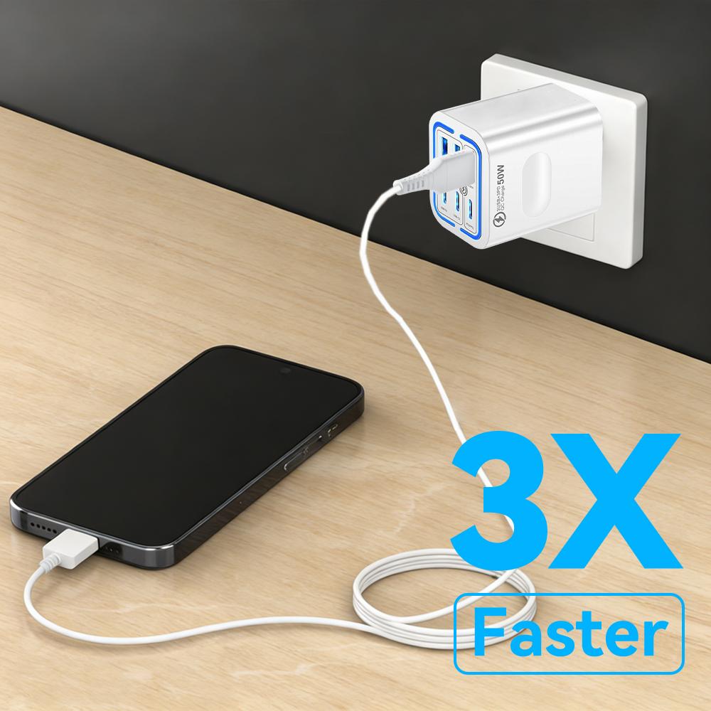 KAXOE 2pcs 50W 3 Type-C + 3 USB 6 Ports Mobile Phone Fast Charging Adapter USB Type C QC 3.0 Qiuck Charge Adapter Travel Charger Wall Charger for iPhone 17 Pro Max 16 15 14 13 12 for Samsung