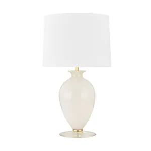 Laney Table Lamp With Cloud Glass Base And Aged Brass Accents, White Linen Drum Shade