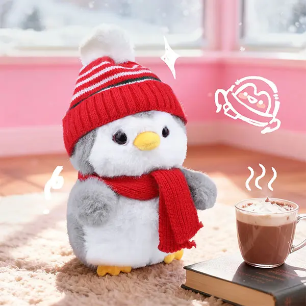 10-Inch Weighted Penguin Stuffed Animal - Durable Soft Fluffy Huggable Stuffed Toy with Red Knit Hat & Scarf, Cute Animal Design Adorable Design Stuffed Toy for Christmas Birthday Gifts, Home Decor for Kids