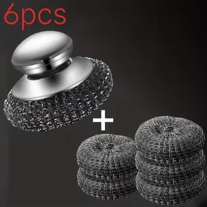 6pcs Stainless Steel Handle Steel Wool Kitchen Cleaning Brush Tool Set with 5 Replacement Balls, Professional Stain Remover Grill Cleaner for Cast Iron Grill Cookware Sink