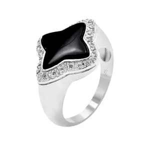 925 Sterling Silver Onyx Center Clear Cluster Border CZ Flower Ring