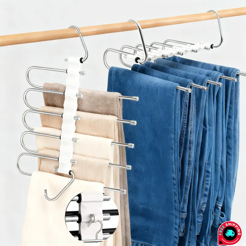 Stainless Steel Foldable Pants Hangers with Side Hook - Multifunctional Clothes Hanger, 5-Layer Non-Slip Adjustable Durable Organizer, High-Tenacity Vertical Stack Closet Space Saver for Jumpers, Study, Balcony, Bathroom (1 or 2 Pcs, Flexible Packaging) s