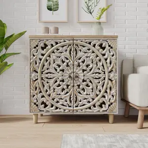 VELOVE Carved Wood Decorative Cabinet with Floral Pattern - Elegant Storage Solution for Living Room