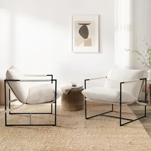 Large Sling Accent Chairs Set of 2, Comfortable Boucle Fabric Arm Chair, Upholstered Cozy Reading Chair for Living Room, Bedroom, Dressing Room, Home Office, White