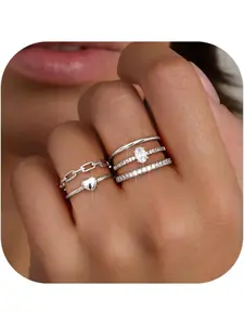 5Pcs Stackable Rings for Women 14K Gold Plated Non Tarnish Dainty Cubic Zirconia Waterproof Stacking Rings Silver Minimalist Band Ring Stacks for Women Trendy No Tarnish Thin Fashion Thumb Ring Size 5 6 7 8 9 10
