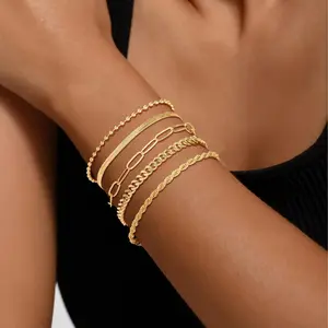 LEXODY 5PCS Gold Bracelets for Women, 14K Gold Plated Stackable Bracelet Stack Set Adjustable Charm Paperclip Chain Cuban Link Layered Waterproof Jewelry Sets Gifts for Women Girls, Best Valentine's Day gifts for Wife Girlfriend