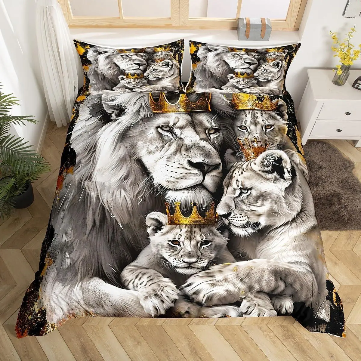 Lion Family Kids Duvet Cover Set,Gold and Crown Bedding Set,Boys Men Room Decor,Wild African Animal Hunting Adventure Comforter Cover,Grey Quilt Cover,(No Comforter)