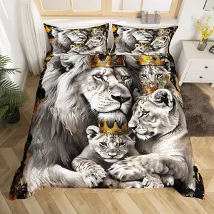Lion Family Kids Duvet Cover Set,Gold and Crown Bedding Set,Boys Men Room Decor,Wild African Animal Hunting Adventure Comforter Cover,Grey Quilt Cover,(No Comforter)