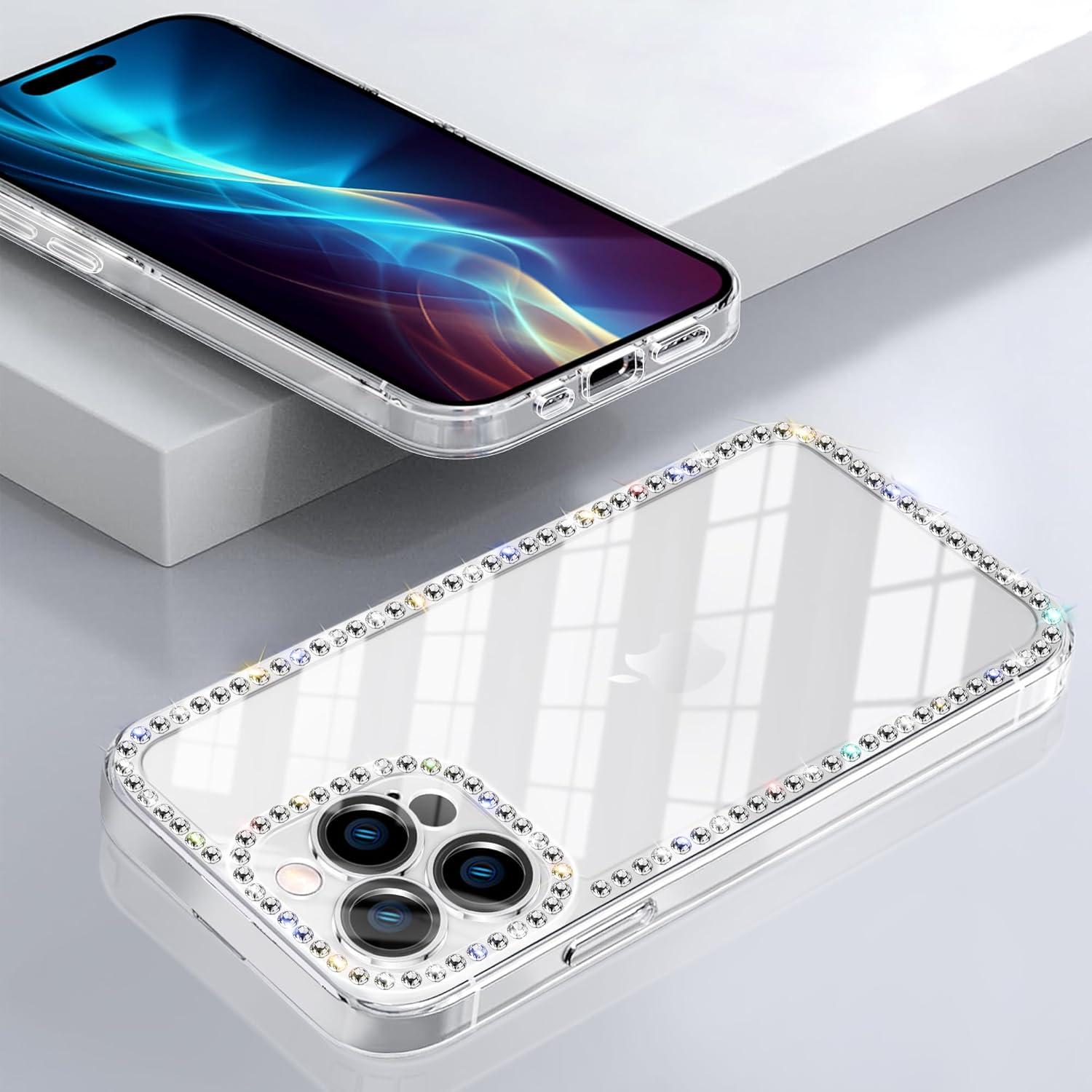【Cute】Luxury Bling Diamond Rhinestone Clear iPhone Case, Glitter Sparkle 3D Gem Design Soft Silicone Cover, Anti-Scratch Shockproof Protective Case For iPhone 12 13 14 15 16 17 Pro ProMax Plus, Cute Fashion Girly Case For Women Girls