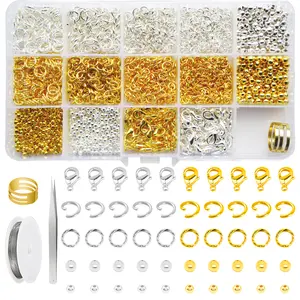 Complete Jewelry Making Kit | Gold & Silver Findings Set | Lobster Clasps Jump Rings & Tools | 15-Compartment Organizer Box