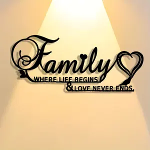 1 piece of metal farmhouse logo, abstract art of "family is the place where life begins and love never ends", modern mural decoration, Wall Metal Plaque, detachable and reusable, suitable for homes, offices, cafes, bars, farmhouses, Vintage Metal Sign