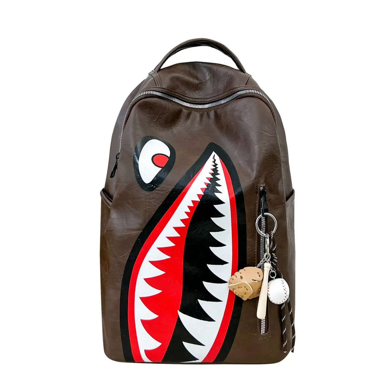 Sprayground Brown Faux‑Leather Big Shark Mouth Print Backpack With Baseball Keychain, Hype Streetwear Large Capacity Laptop Backpack, Durable Fashion School Travel Backpack For Teen Boys Back To School Daily Casual Use