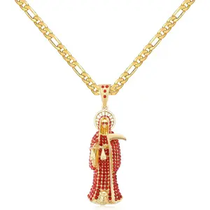 Santa Muerte Necklace Diamond 14K Gold Plated Santa Muerte Pendant Jewelry With Sickle Holiday Gift (Gold 202)