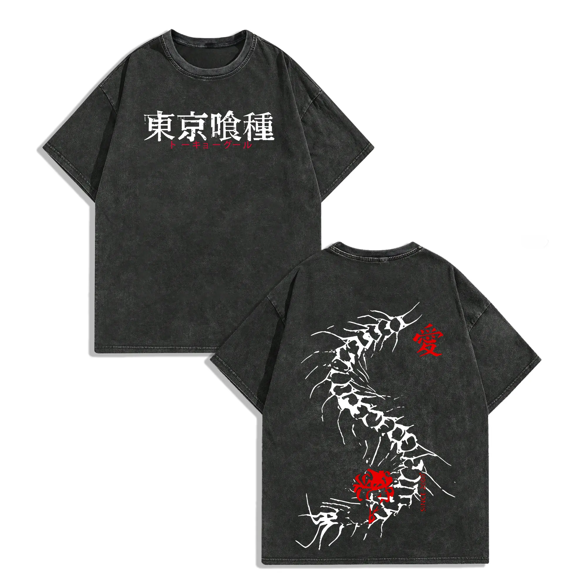 Menswear Oversize Tokyo Ghoul Graphic Top, Acid Washed Shortsleeve with Kaneki Ken Print in Cotton, Funny Anime Gifts for Boyfriend