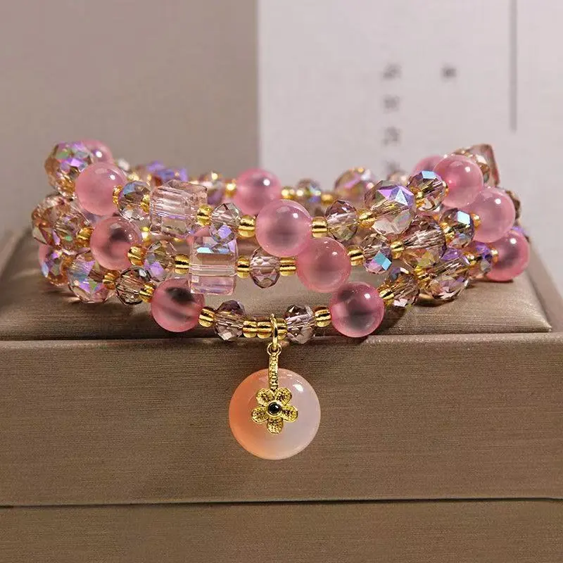 Pink Crystal & Beaded Double Strand Bracelet