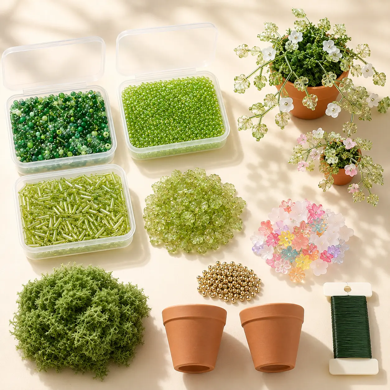 Green Mini DIY Beaded Plant Kit, Acrylic Leaf and Flower Beads with Seed Beads, Wire, 2 Mini Pots and Moss for Handmade Potted Plant Crafts and Desk Decor supply