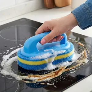 1pc Durable Cleaning Sponge Brush, Bathroom Bath And Tile Scrub Brush With Handle, Power Decontamination, Kitchen Cleaning Sponge Wipe, Dishwashing Sponge, Pot Brush, Cleaning Supplies