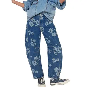 Women Y2k Distressed Barrel Jeans Baggy Wide Leg Jeans Floral Printed Boyfriend Patchwork Denim Pants