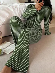 Women’s Knit Striped Loungewear Set, Open Cardigan + Long Pants, Soft Loose Cozy Fall Winter Casual, Comfortable Home Wear
