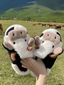 Autumn Winter New Cute Cow Pattern Home Slippers, Casual Style Above Ankle Fabric Shoes, Comfortable Fall & Winter Footwear