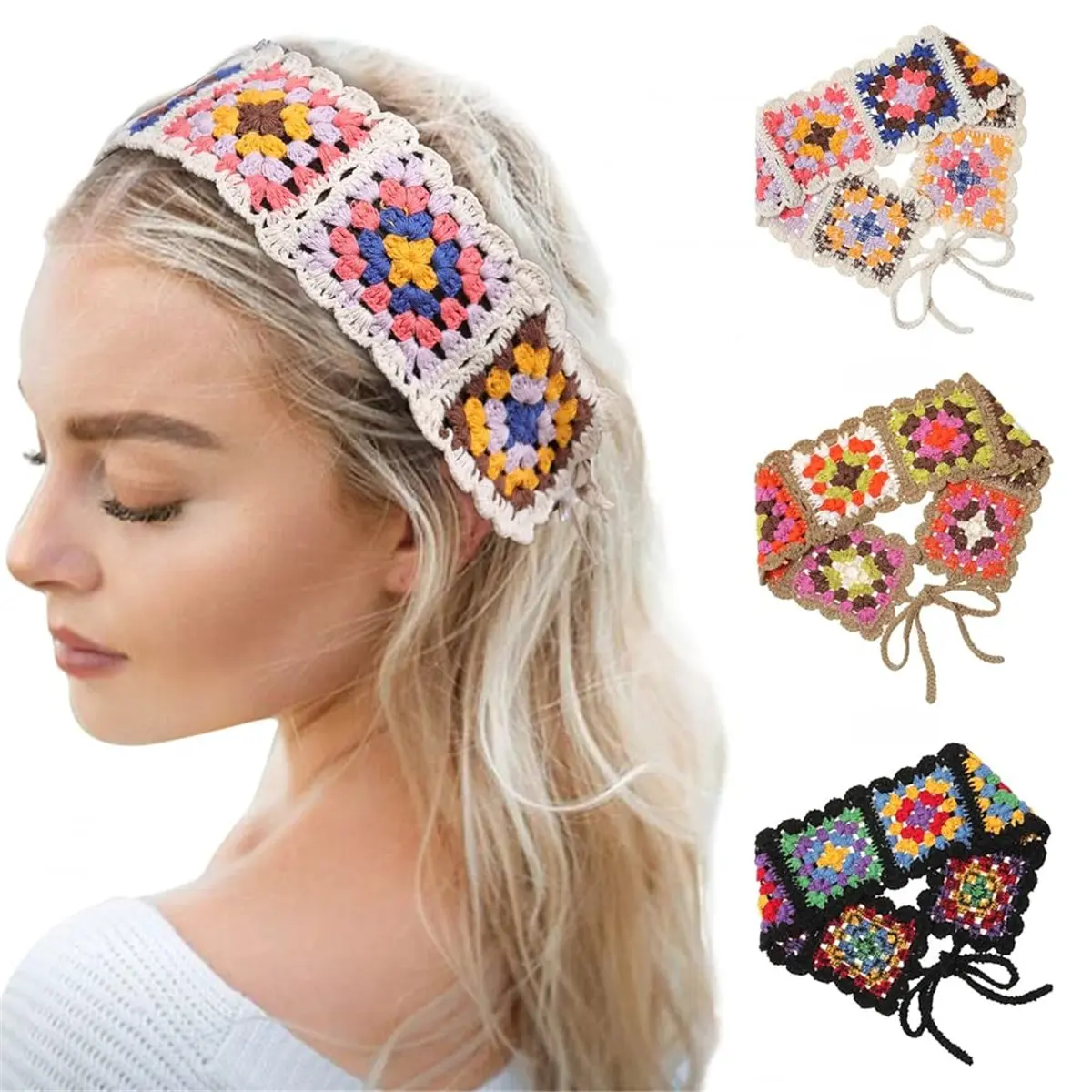 Women's 3-Piece Handmade Knitted Hippie Headbands Set, Boho Crochet Floral Head Wraps for Styling, Interchangeable Handmade Hair Accessories, Handmade Headband