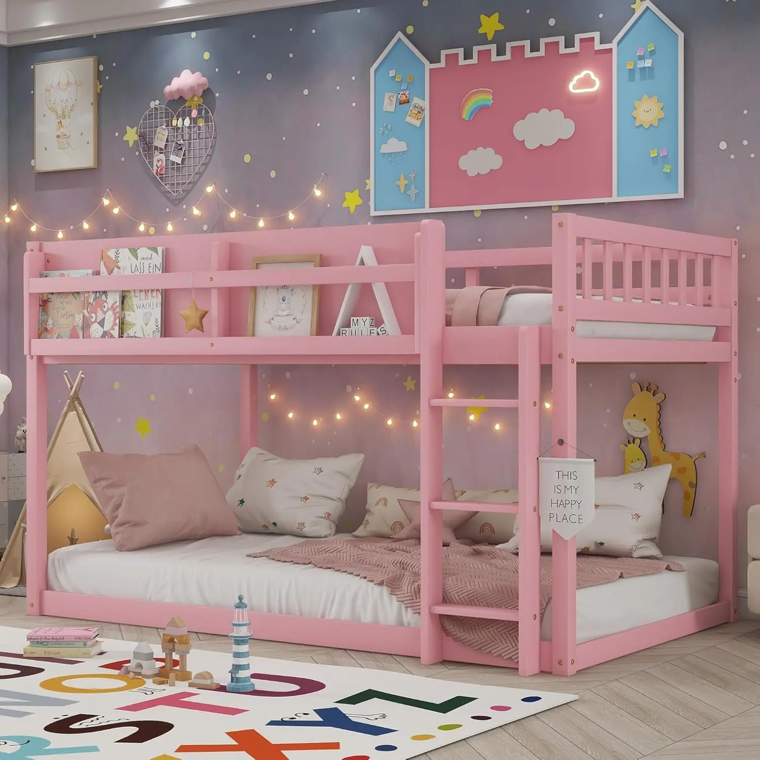 Twin Low Bunk Beds Frame, Wooden Bunk Bed Frame Twin Over Twin, Convertible Floor Bunk Bed with Storage Shelf & Ladder, No Box Spring Needed (Pink)