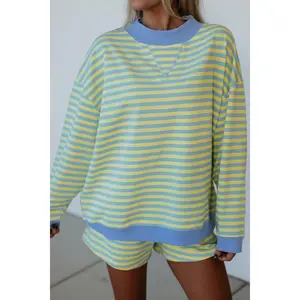 Yellow Stripe Color Block Detail Long Sleeve Pullover Elastic Waist Pull On Shorts 2pcs Set