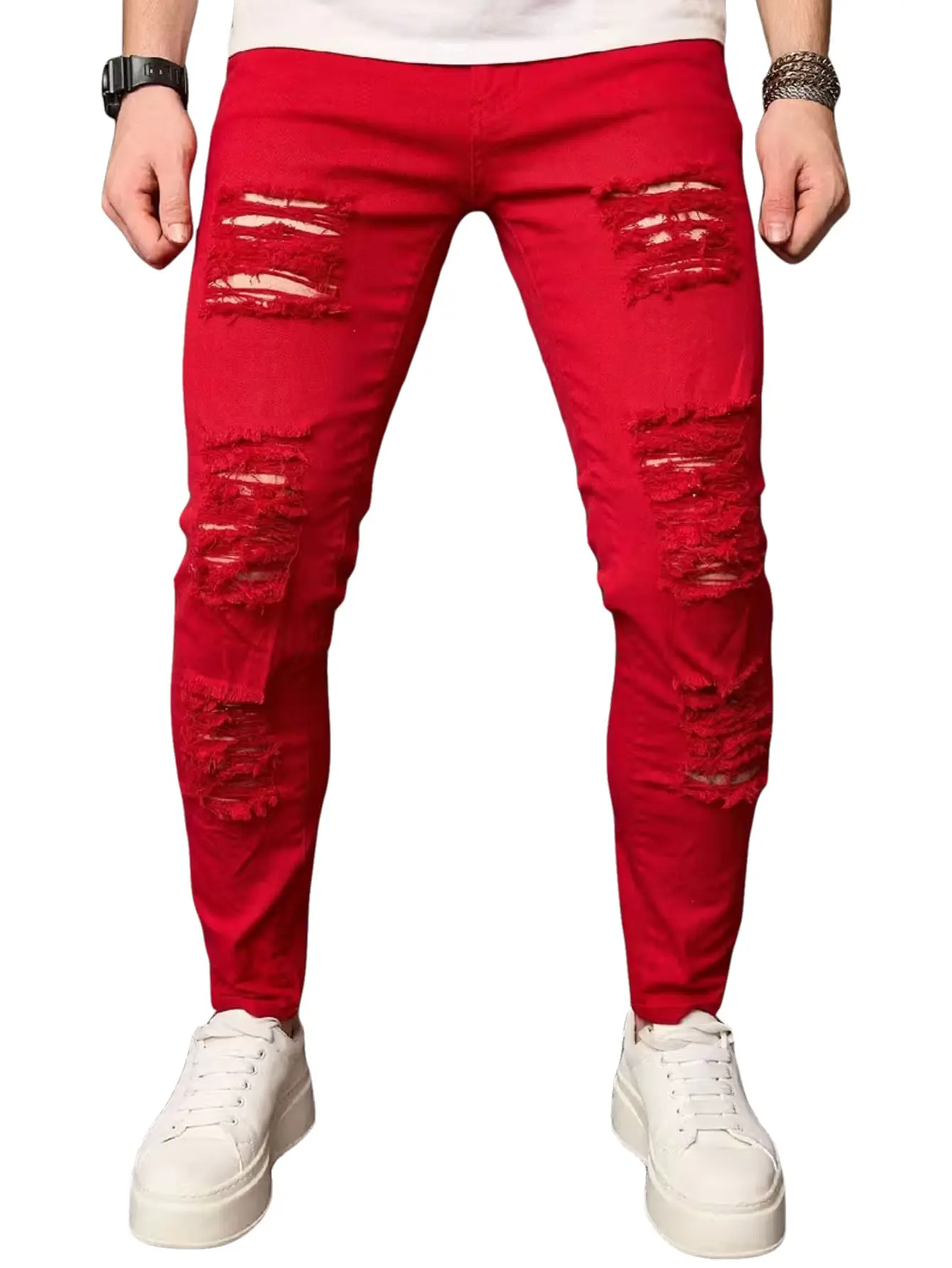 Men's Jeans Elastic Red Streetwear Birthday Outfits Fashion Denim Pants Ripped Y2k Clothing Slim Fit Jeans For Men Menswear Trouser