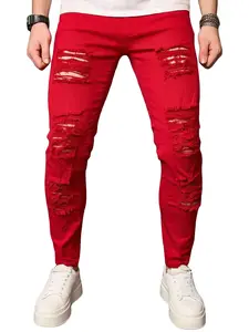 Men's Jeans Elastic Red Streetwear Birthday Outfits Fashion Denim Pants Ripped Y2k Clothing Slim Fit Jeans For Men Menswear Trouser