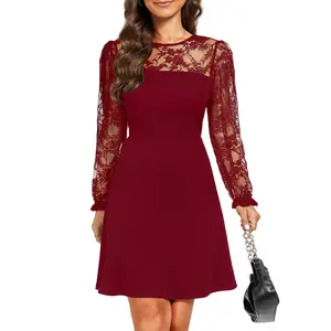 Holipick Women's Cocktail Dresses Wedding Guest Party Crew Neck Short A Line Dress with Lace Sleeves