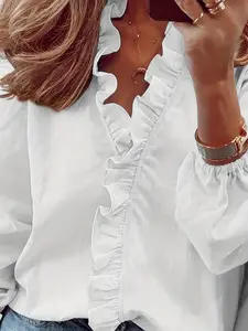Spring & Fall New Long Sleeve Fitted Ruffle Hem Solid Color Women's Shirt, Casual Chic Fashion Blouse for Ladies, Comfortable Daily Wear Top Womenswear, Casual Classy Top