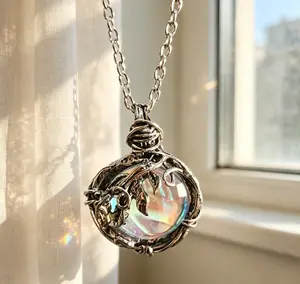 Vintage Forest Leaf Wire Wrapped Aurora Rainbow Crystal Pendant Necklace, Iridescent Round Quartz Gemstone Twisted Metal Chain Fairycore Boho Jewelry For Women