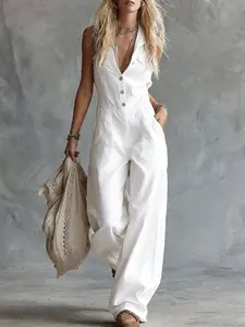Fashionable Versatile Sleeveless Single-Breasted Wide-Leg Jumpsuit for Women |   Casual Style, Crew Neck, Solid Color, Suitable for Spring/Summer/Fall