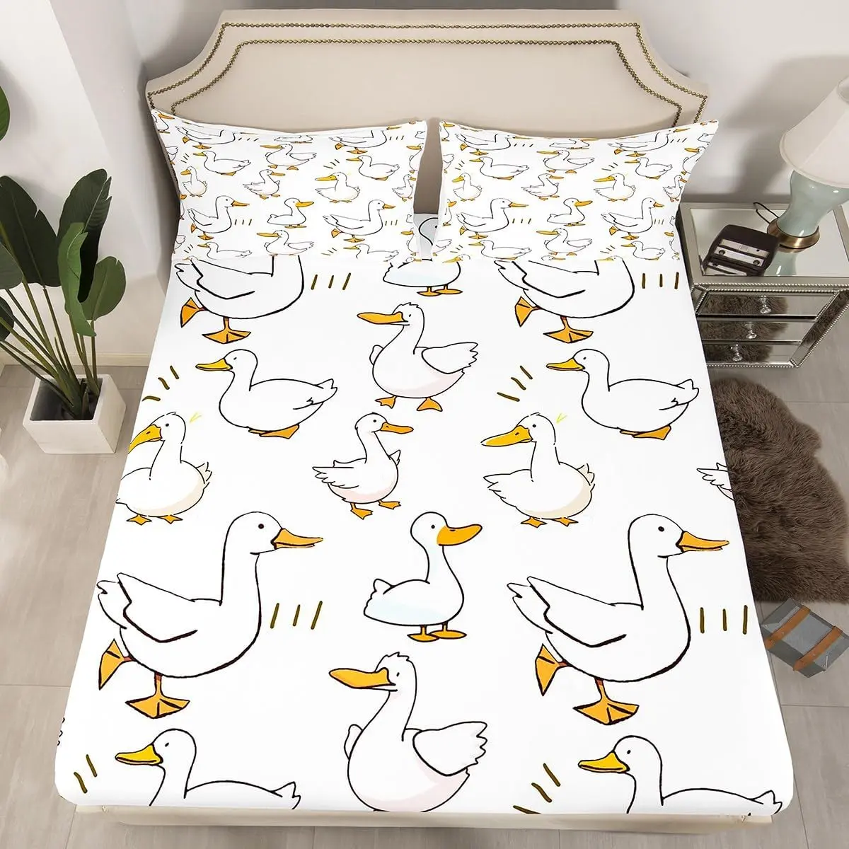 Cartoon Duck Fitted Sheet,Lovely Goose Funny Sketch White Mattress Protector,Cute Farmhouse Livestock Animal Elastic Deep Pocket Bed Cover,No Flat Sheet