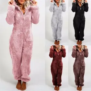 Women’s thick plush nightdress with bear ear cap, long-sleeved zip-up hooded jumpsuit, suitable for autumn and winter