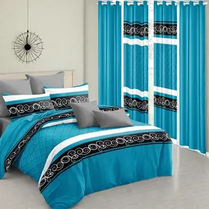 9 Piece Bedding Set with Bedspread Pillowcases and Curtains for Bedroom Dorm Room Home Decor Blue Microfiber Bohemian Geometric Patterns Queen King Full Size Soft Cozy Comfortable for Christmas Fall Farmhouse Style Gift