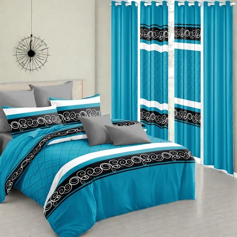 9 Piece Bedding Set with Bedspread Pillowcases and Curtains for Bedroom Dorm Room Home Decor Blue Microfiber Bohemian Geometric Patterns Queen King Full Size Soft Cozy Comfortable for Christmas Fall Farmhouse Style Gift