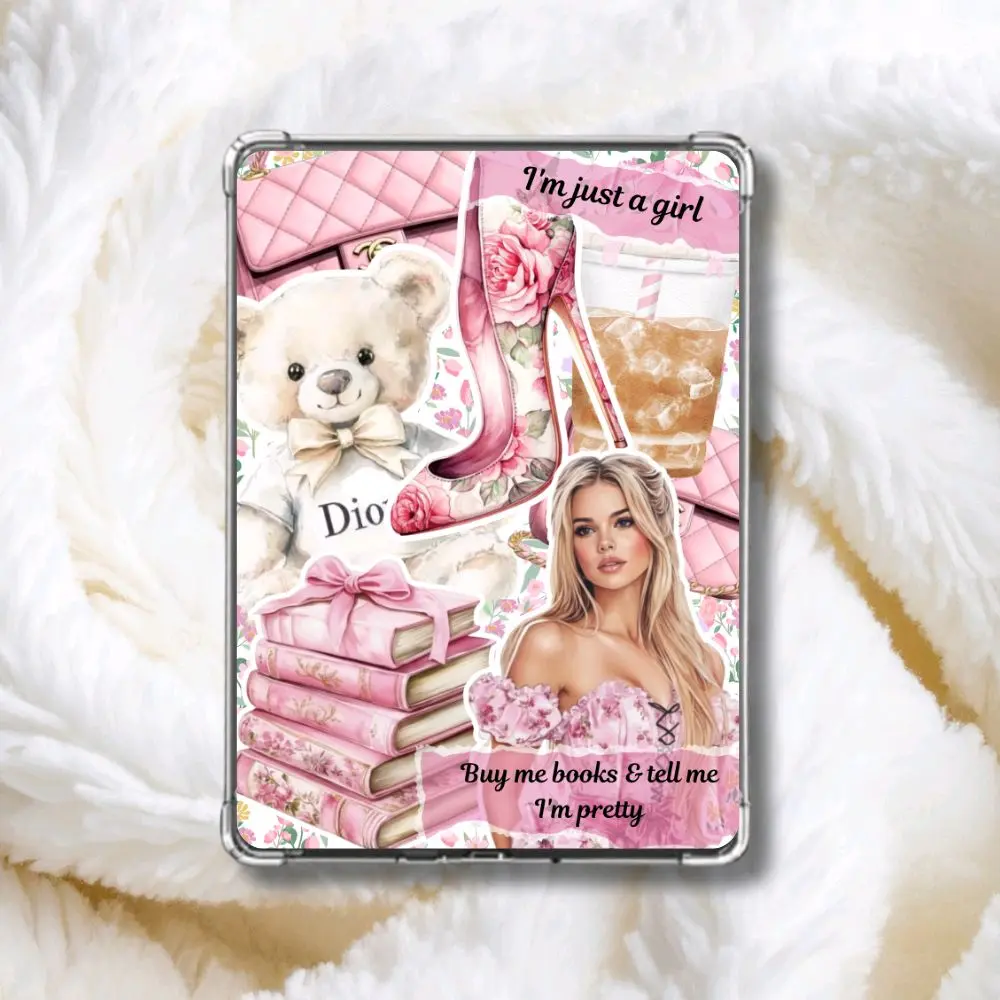I’m Just a Girl Coquette Kindle Insert | Pink Floral Aesthetic Fashion Collage | Soft Girl Books & Iced Coffee E-Reader Art | Buy Me Books and Tell Me I'm Pretty | That Girl Kindle Inserts for Clear Case