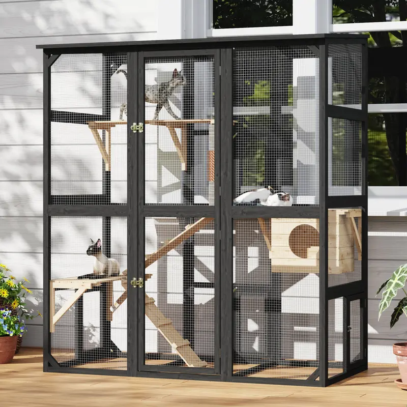Luxury Outdoor Mesh Walk-In Catio Cage - Escape-Proof Multi-Level Enclosed Enclosure with Solid Frame, Cozy Rest Spots, Ramps & Shelves, Scratch-Post Built for Feline Shelf-Level Fun, Cozy & Entertaining Year-Round Outdoor Use
