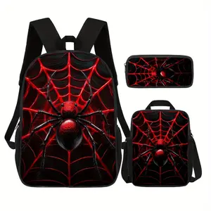 Stylish 3-piece spider web print backpack set, including 17inch backpack, matching lunch bag and pencil case, lightweight and durable, suitable for daily errands, city tours, office use, or as a unique Halloween or birthday gift