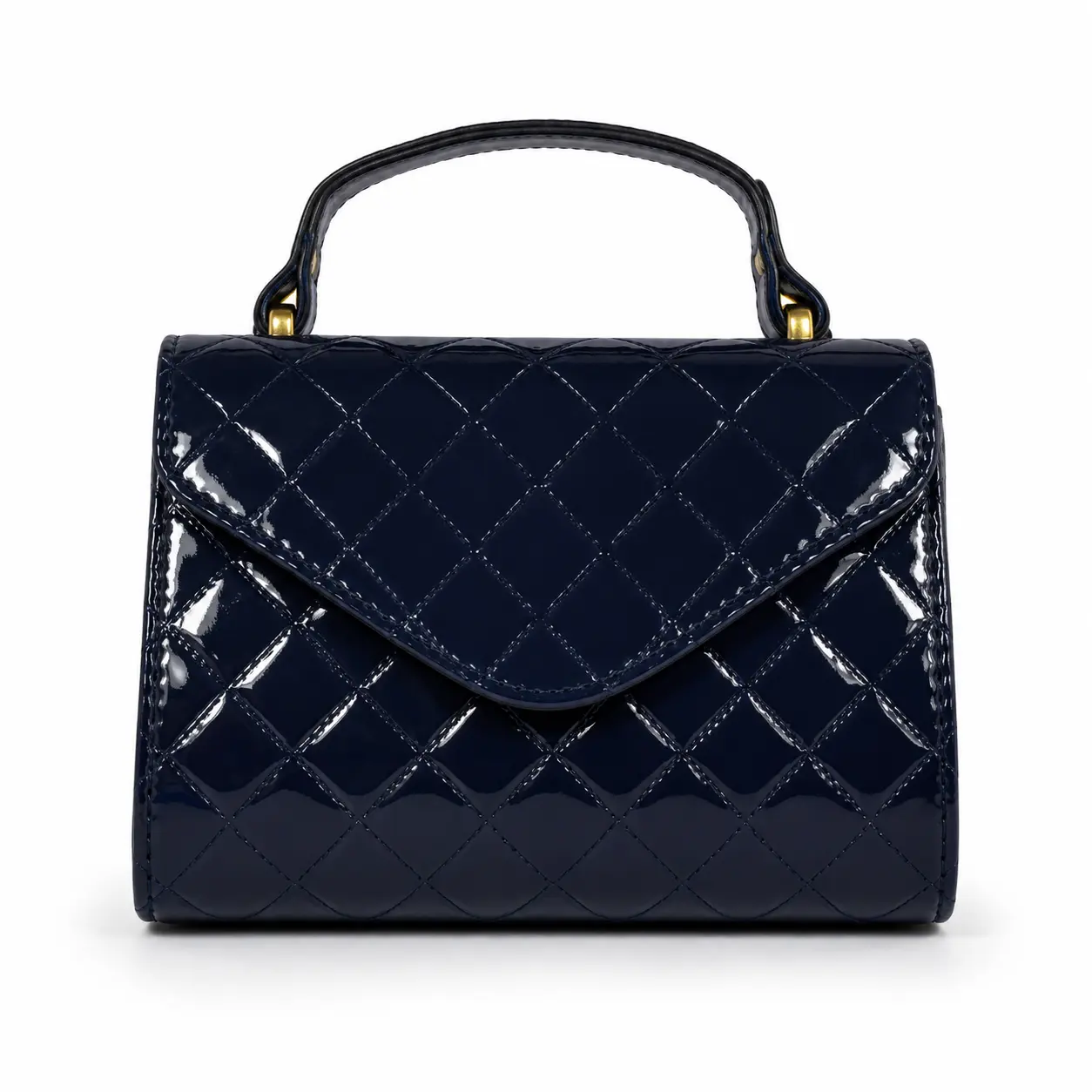 Women's Quilted Handbag, Lightweight Structured Top Handle Satchel in Navy Blue PU Leather with a Glossy Diamond Pattern & Gold-Tone Hardware, Glossy Finish, Quilted Look, Structured Satchel, Elegant, Top Handle Bag, Daily Use Bags