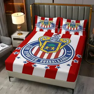 Chivas de Guadalajara Fitted Sheet Set (3-Piece, 1 Fitted Sheet + 2 Pillowcases, No Pillow Inserts), Team Crest & Red-White Stripe Print, Soft Microfiber Bed Sheets Bedding, Deep Pocket Design, Perfect for Soccer Fan Bedroom Decor