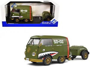 1950 Volkswagen VW Kool Kombi Van with Trailer "Army Fighter" Green with Graphics 1:18 Diecast Model Car by Solido