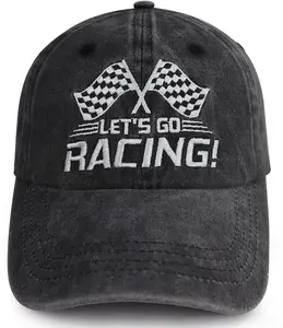 Let's Go Racing Hat for Men Women, Adjustable Embroidered Washed Cotton Checkered Flags Race Car Baseball Cap For Men, Women