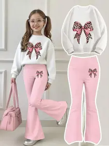 Girls' Leopard Print Bow Sweatshirt and Bell Bottoms Set, Casual Fitted for Ages 4-12, Comfortable and Stylish, Fashion Clothes Set, Clothes Kids
